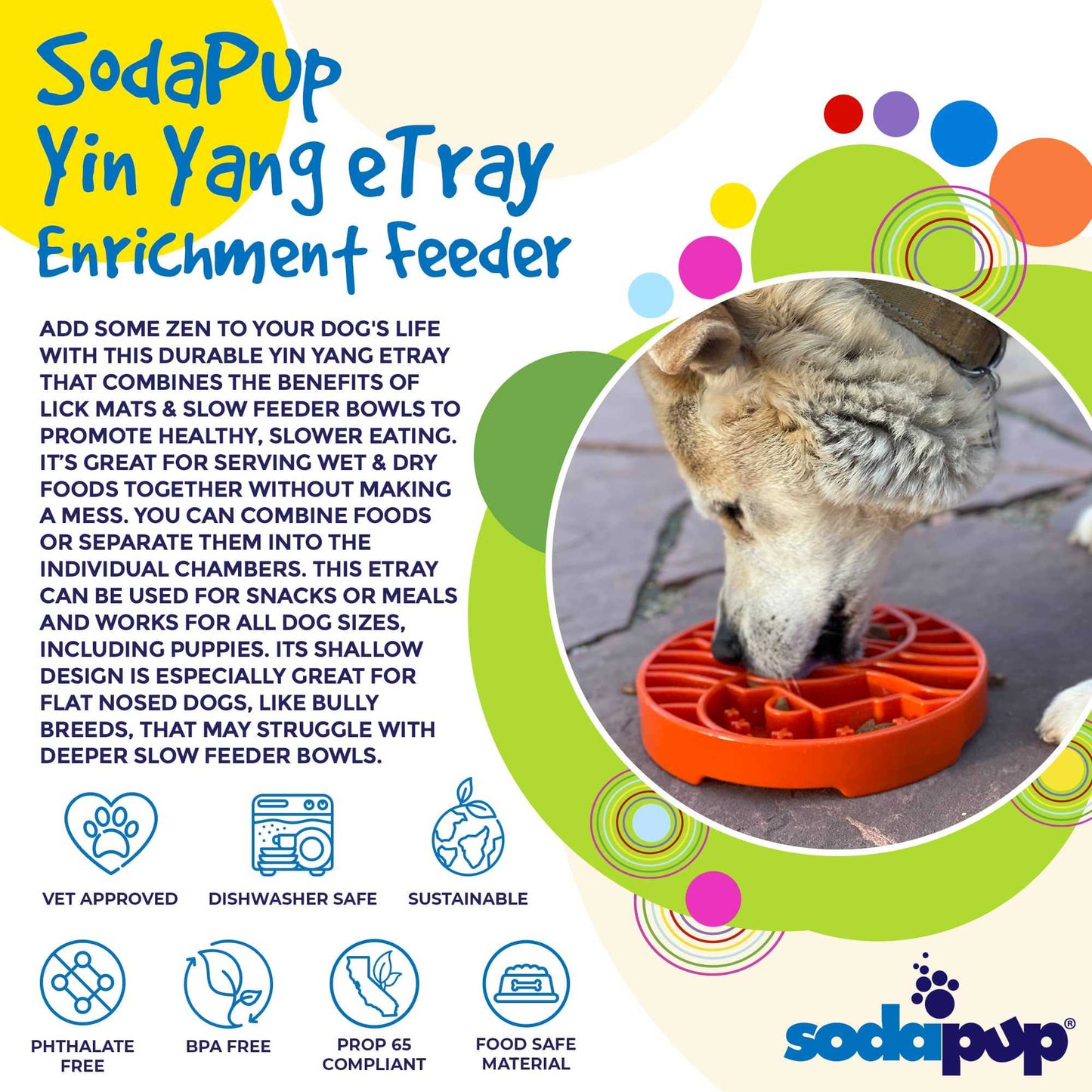 Dog eating from SodaPup Sun and Moon Design slow feeder bowl, shallow, enrichment tray in burnt orange, USA made