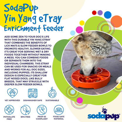 Dog eating from SodaPup Sun and Moon Design slow feeder bowl, shallow, enrichment tray in burnt orange, USA made