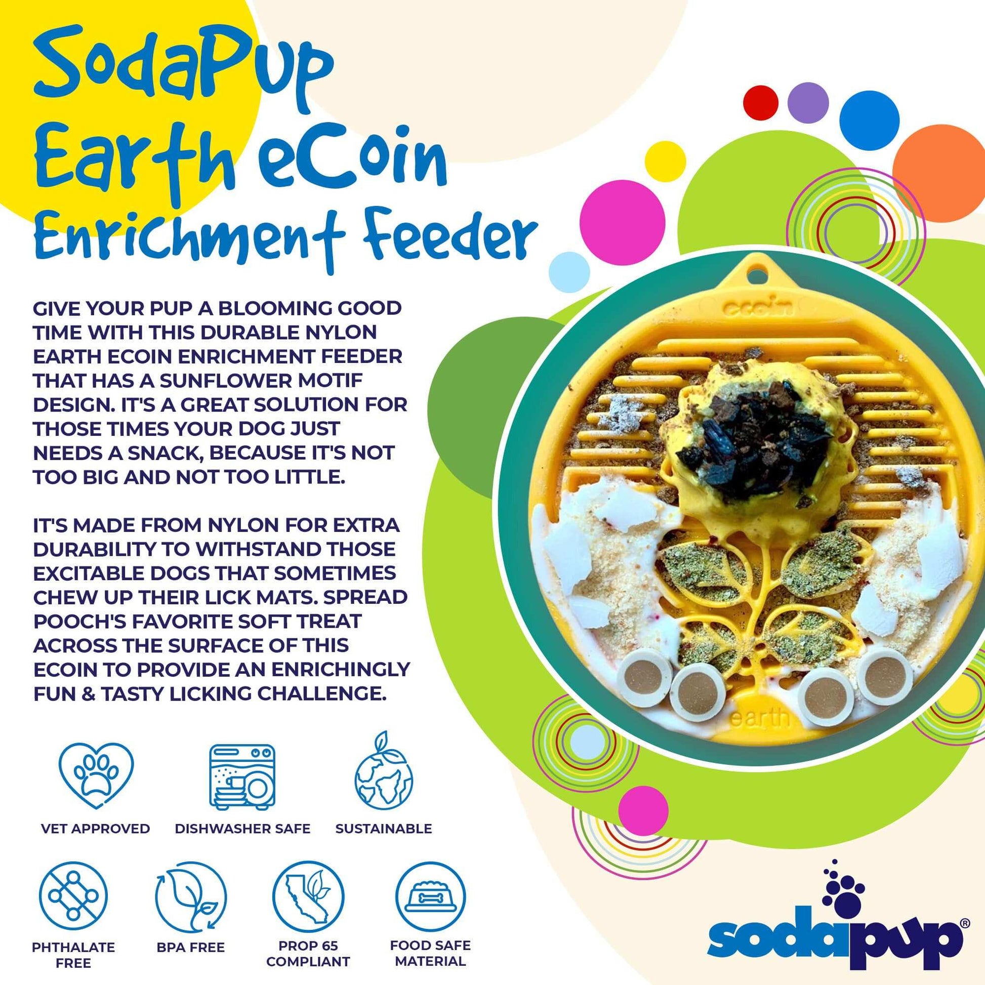 SodaPup Earth eCoin Nylon Lick Mat for Dogs with sunflower design, durable USA-made enrichment toy for anxiety relief, slow feeding, and chewing.