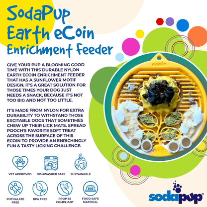 SodaPup Earth eCoin Nylon Lick Mat for Dogs with sunflower design, durable USA-made enrichment toy for anxiety relief, slow feeding, and chewing.