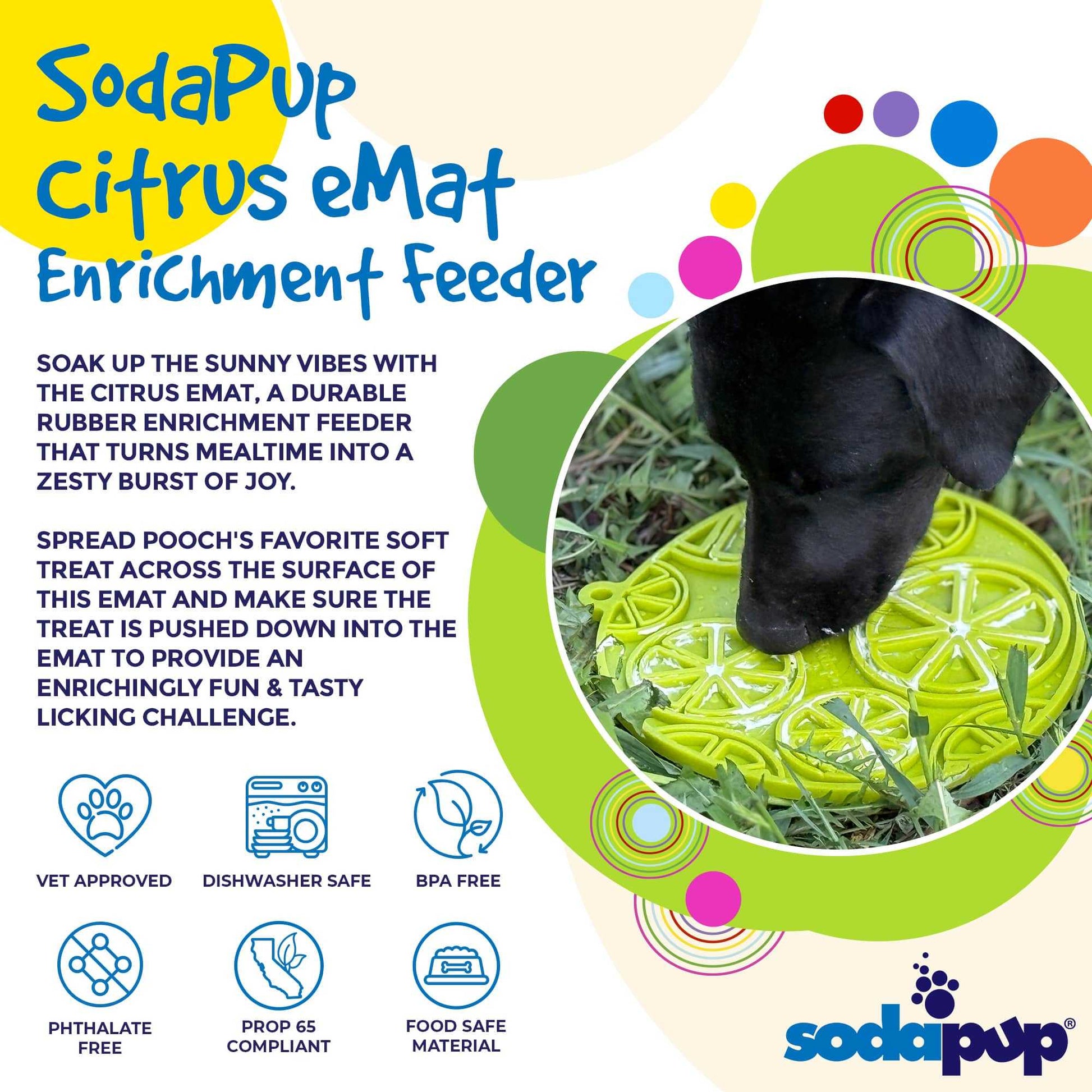 SodaPup Citrus eMat enrichment lick mat with suction cups for dogs, USA made, citrus pattern, FDA-safe, slow feeding and anxiety relief accessory