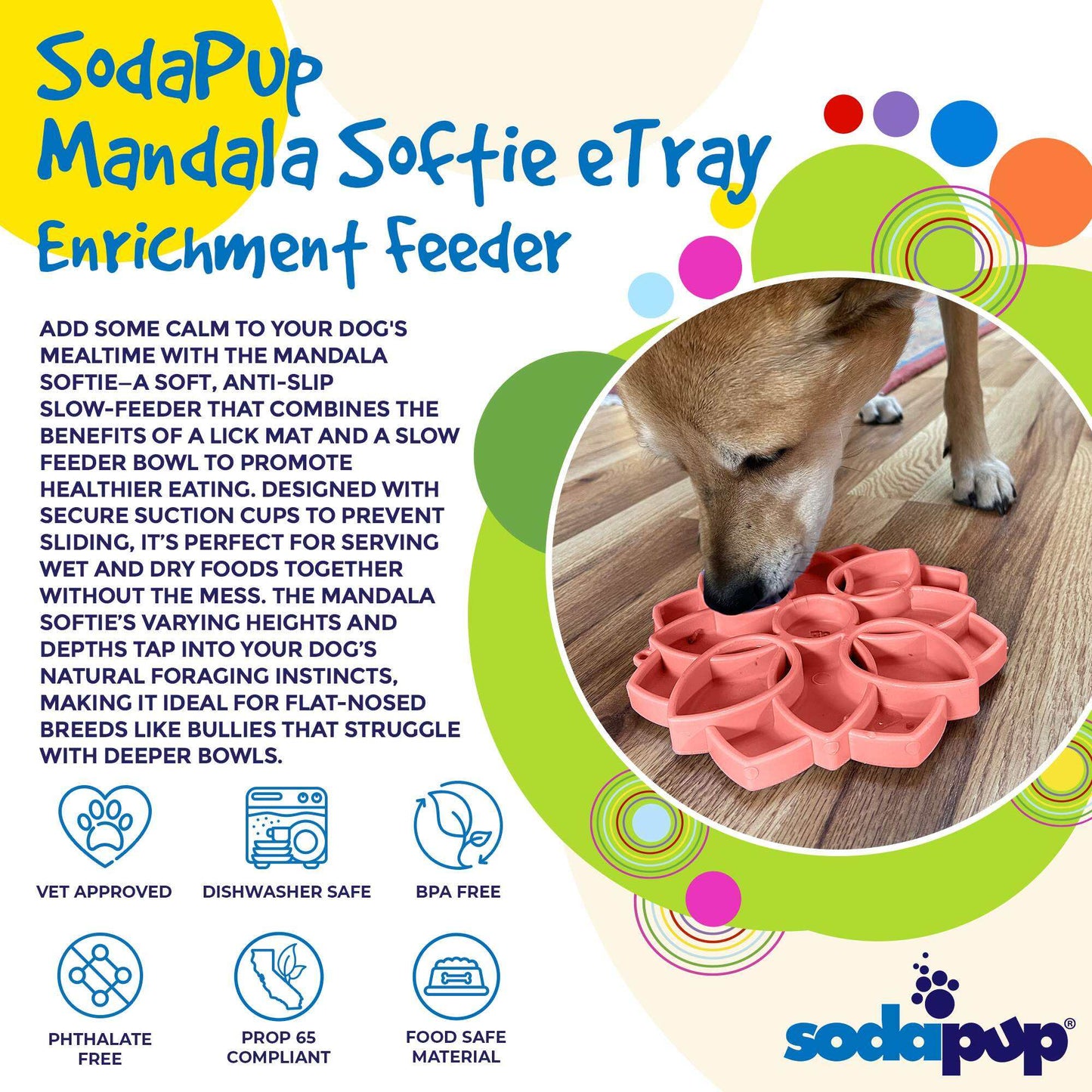 Mandala Softie eTray slow feeder dog bowl with suction cups for anxiety relief and healthy eating, made in the USA