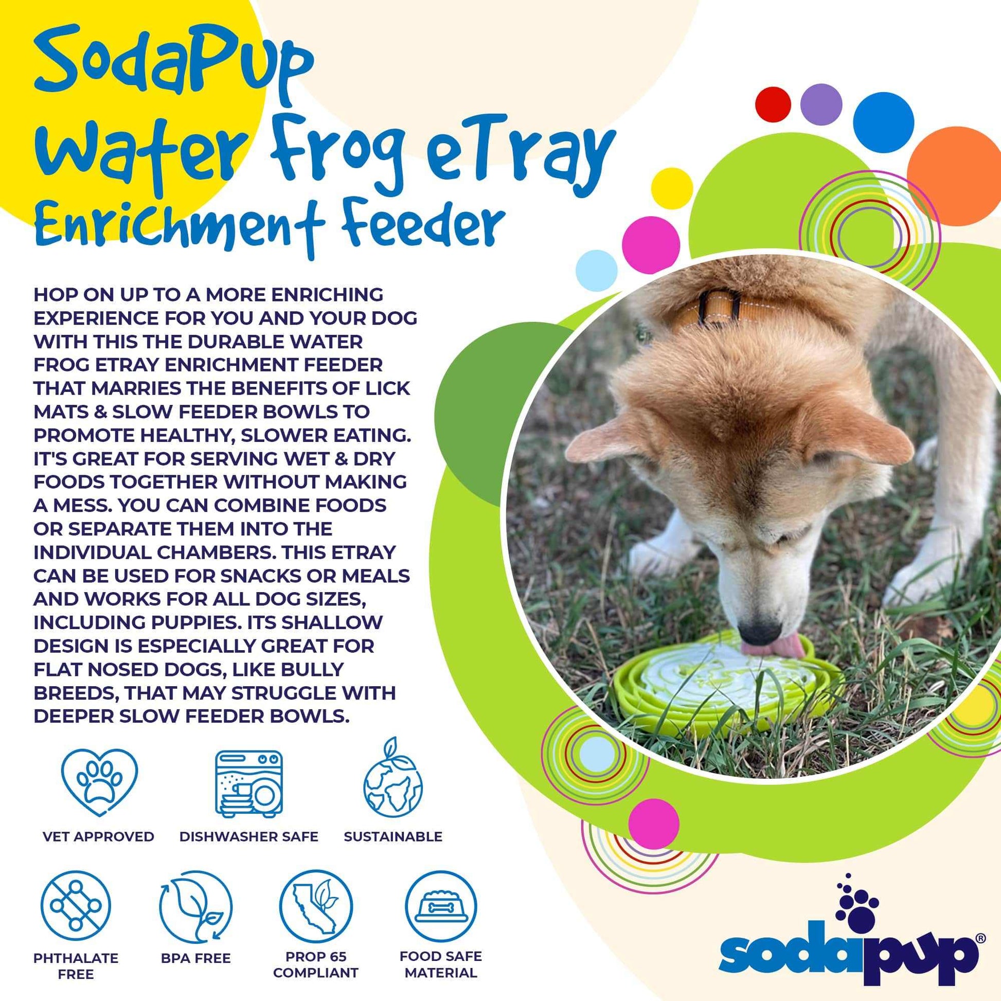 SodaPup Water Frog eTray shallow slow feeder dog bowl for enrichment with playful frog design and textured feeding channels