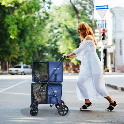 4-in-1 double pet stroller with detachable carriers and travel carriage in beige and black colors