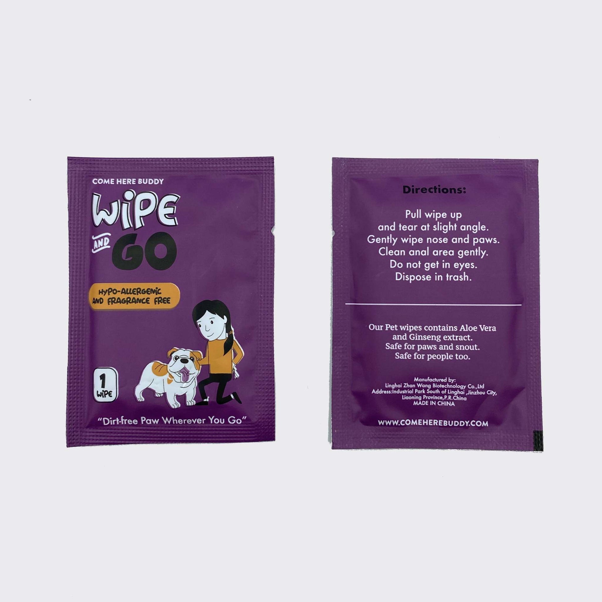 Individually packaged hypoallergenic dog wipes with ginseng and aloe vera for safe pet cleaning