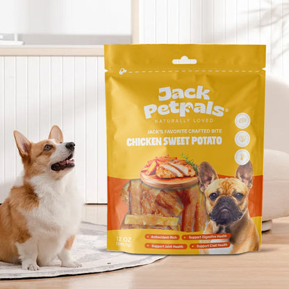 Jack PetPals Crafted Bite Chicken Sweet Potato dog treats packaging with two dogs sitting nearby