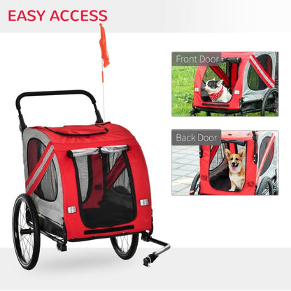 Red 2-In-1 pet bike trailer and stroller with mesh windows, reflective flag, and easy access doors for small dogs