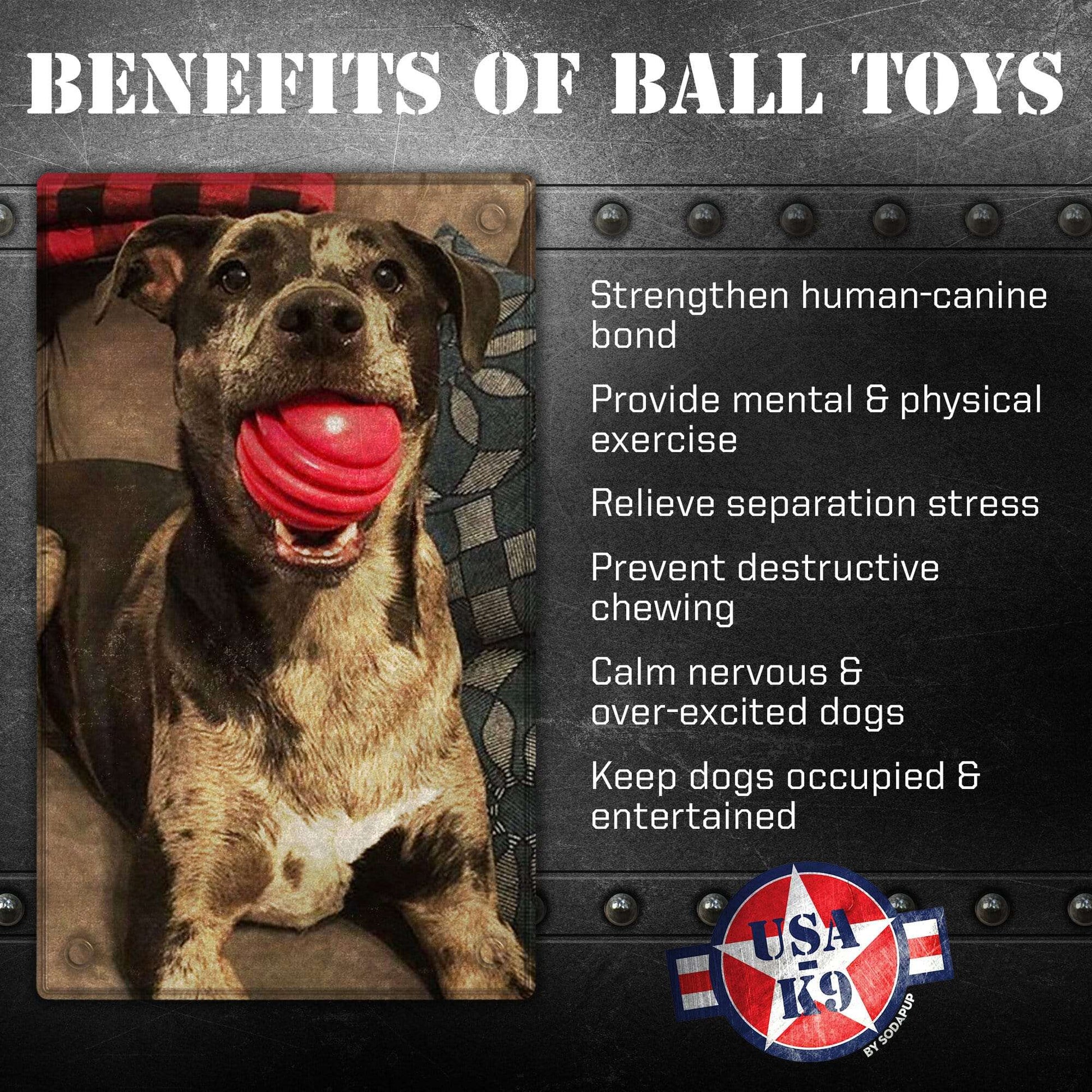 Dog chewing red USA-K9 Stars and Stripes ultra-durable rubber chew ball toy benefits