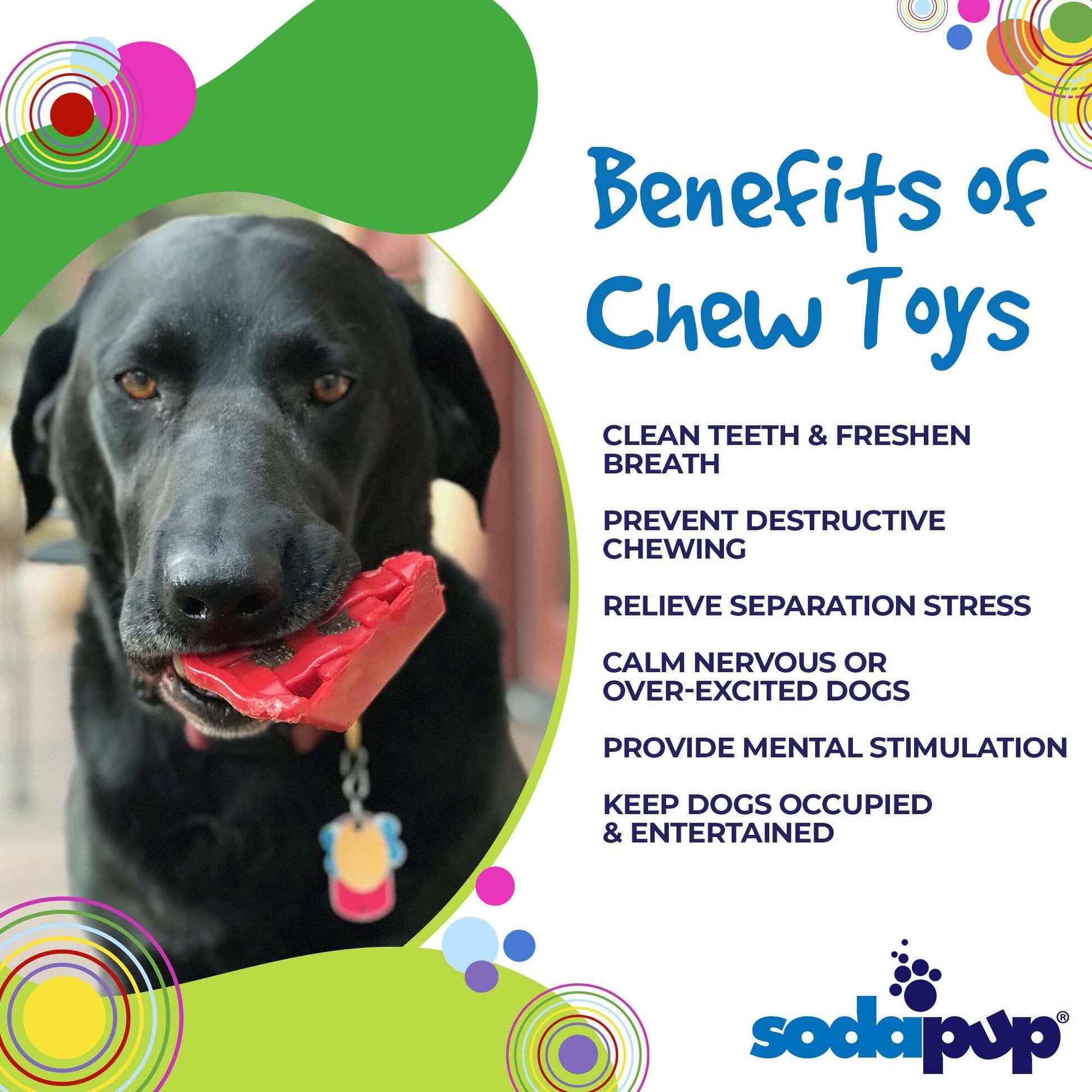 Black dog chewing red Cherry Pie Nylon Dog Chew durable nylon dog toy for aggressive chewers by SodaPup