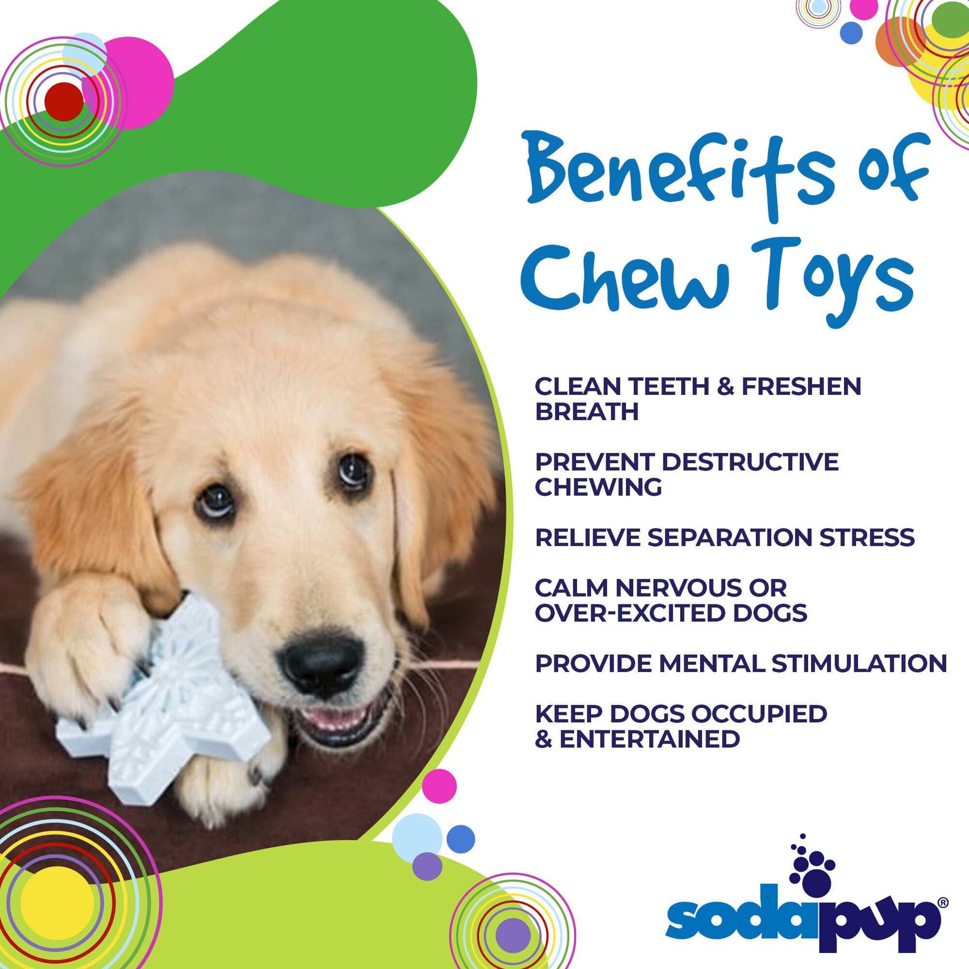 Golden retriever puppy chewing on a white snowflake nylon dog chew toy for aggressive chewers by SodaPup