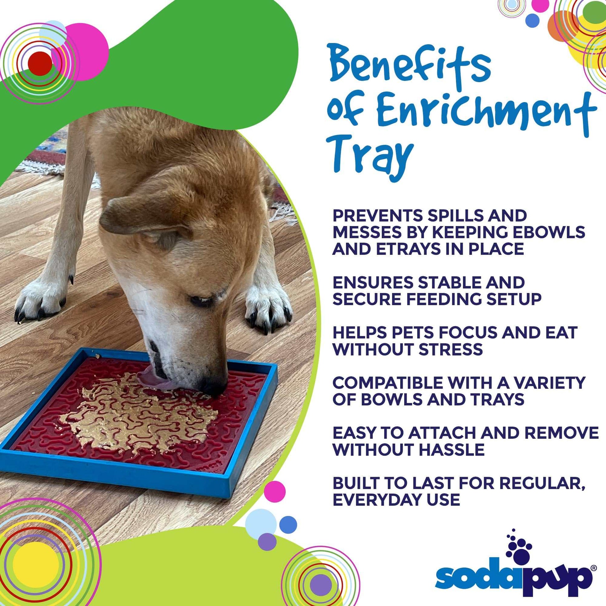 Dog eating from enrichment tray secured by Hold 'em suction cup holder preventing spills and sliding