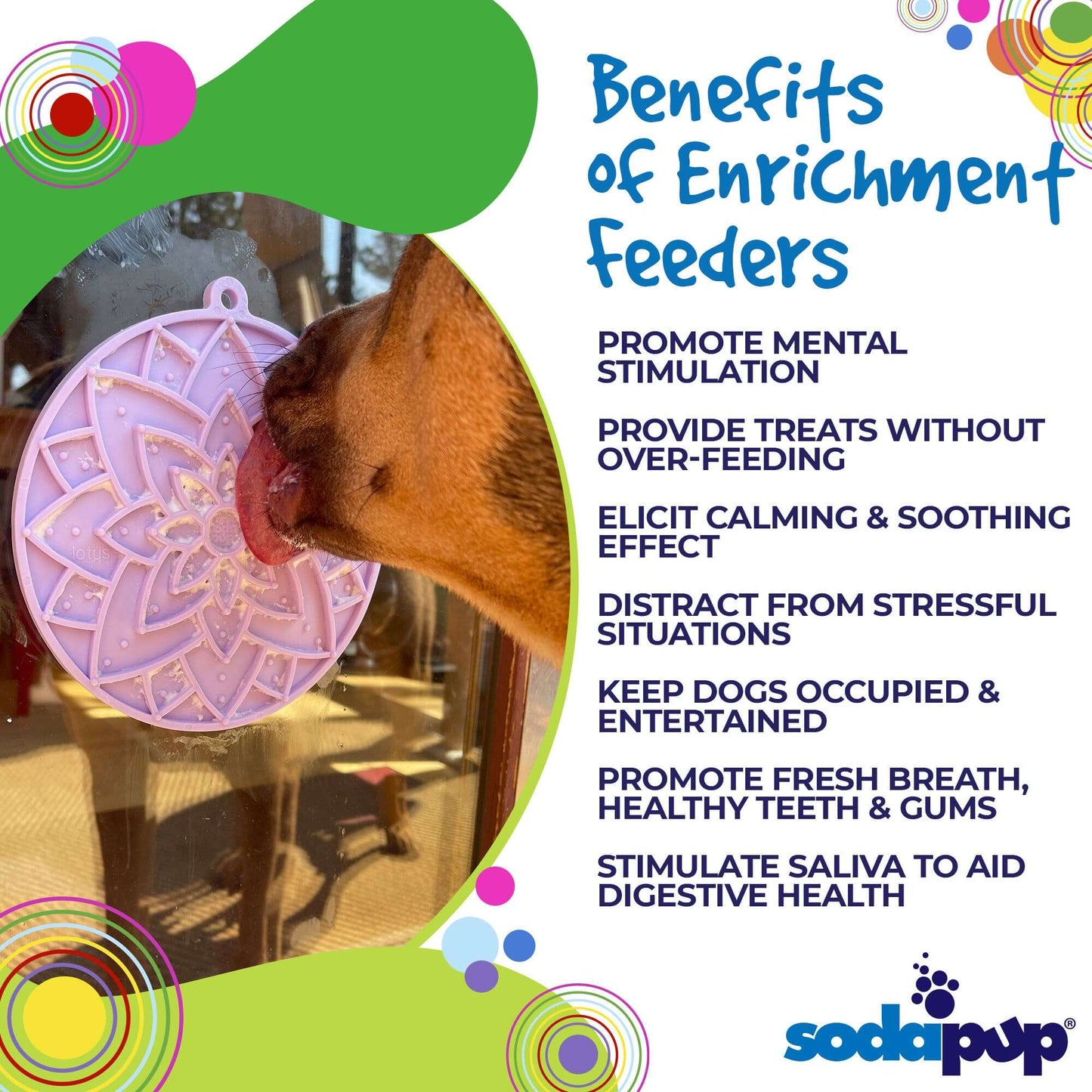 Dog using pastel pink Lotus Design enrichment lick mat with suction cups on window, promoting mental stimulation and calming effects