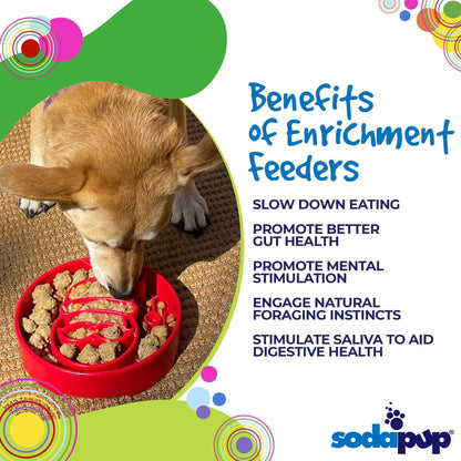 Dog eating from red Santa Christmas eBowl slow feeder promoting gut health and mental stimulation