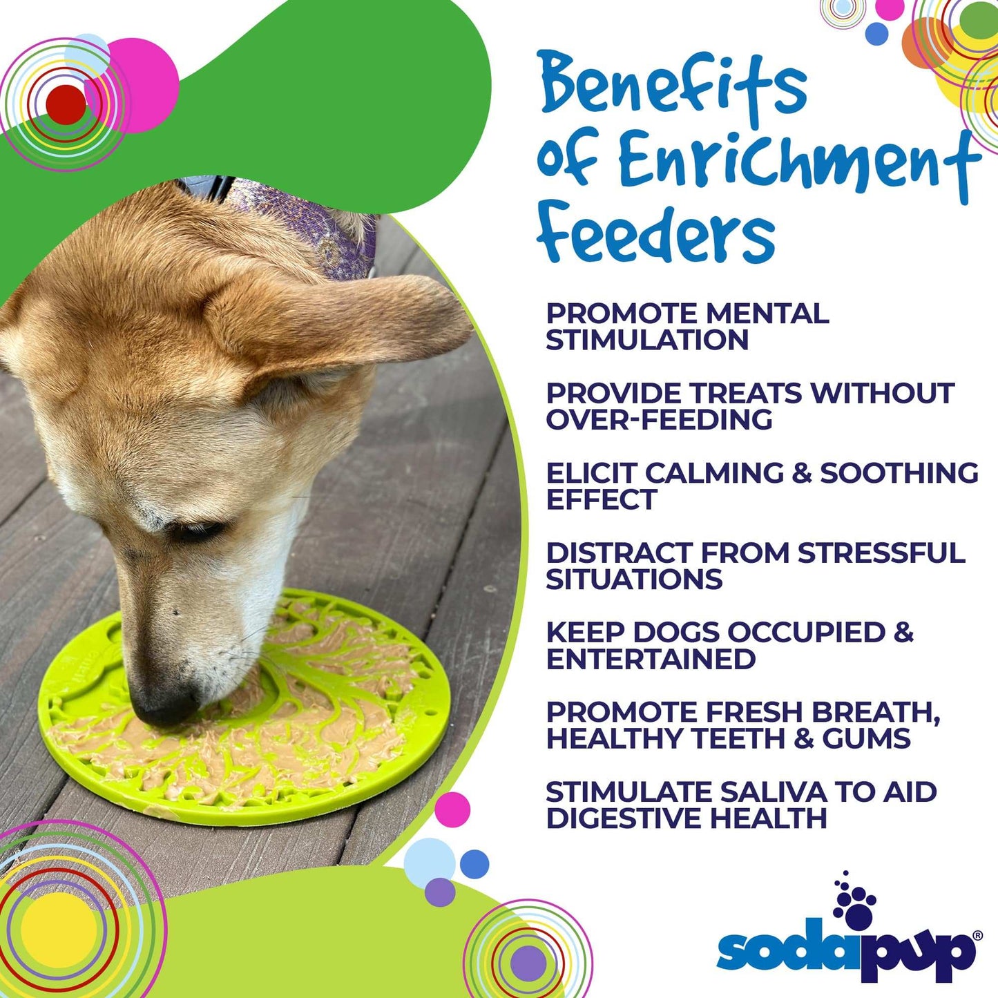 Dog licking green Tree of Life eMat enrichment feeder promoting mental stimulation and calming benefits