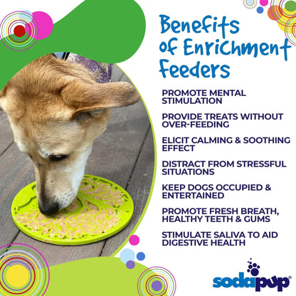 Dog licking green Tree of Life eMat enrichment feeder promoting mental stimulation and calming benefits
