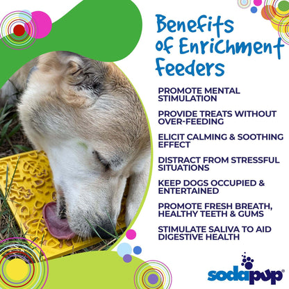 Dog licking yellow Autumn eMat lick mat with fall leaf pattern for mental stimulation and calming enrichment