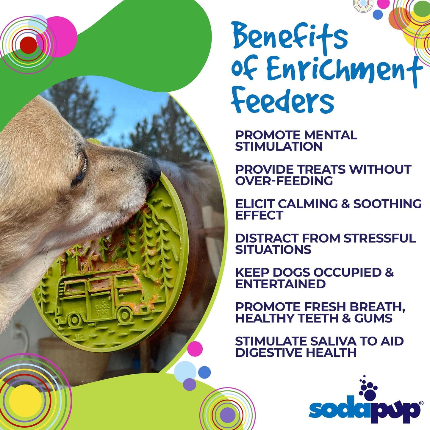 Dog licking green retro camper van design Camp eMat lick mat with suction cups for anxiety relief and mental stimulation