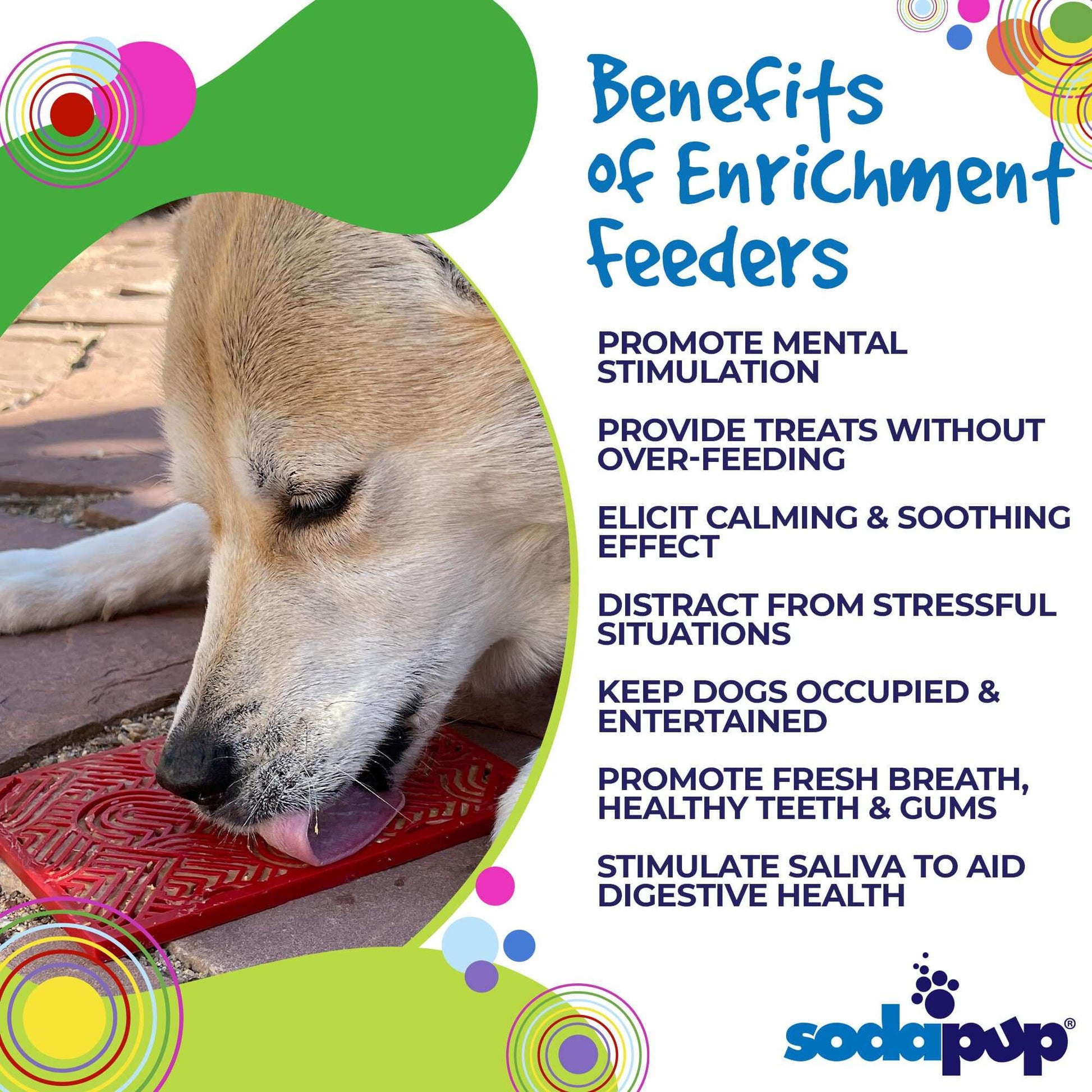 Dog licking red heart-shaped Love eMat enrichment lick mat for mental stimulation and anxiety relief