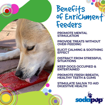 Dog licking red heart-shaped Love eMat enrichment lick mat for mental stimulation and anxiety relief