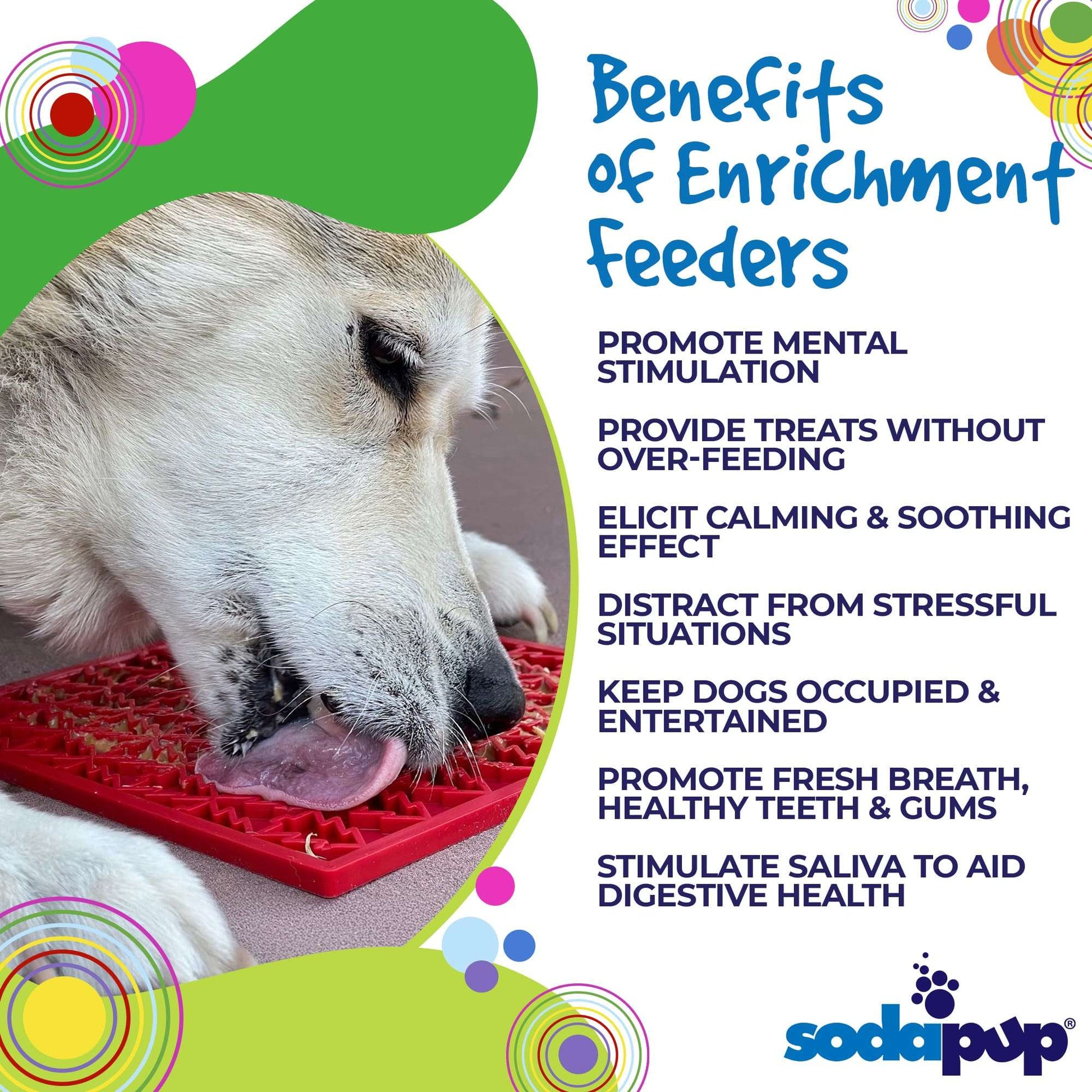 Dog licking red Peace Tree emat enrichment feeder mat promoting mental stimulation and calming effects