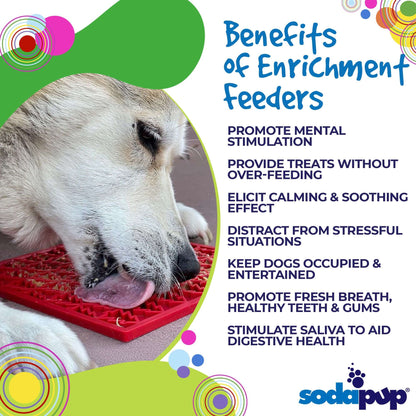 Dog licking red Peace Tree emat enrichment feeder mat promoting mental stimulation and calming effects