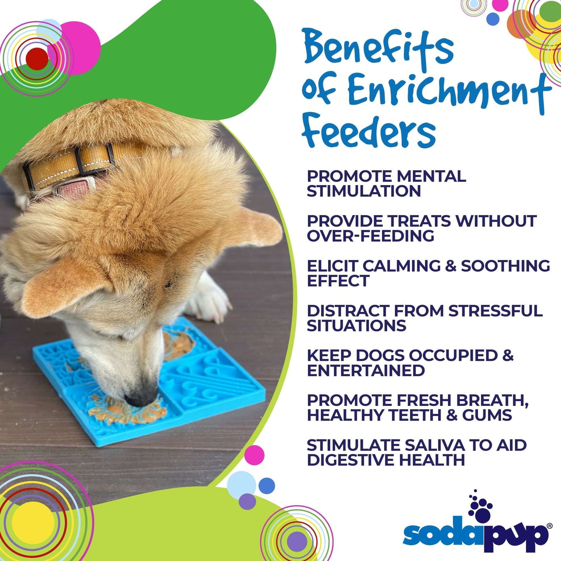 Cat licking blue Sky eMat enrichment lick mat with celestial cloud and star patterns by SodaPup
