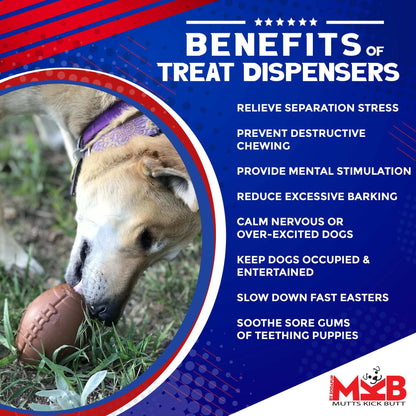 Dog chewing on Football eDispenser durable rubber chew toy and treat dispenser outdoors with benefits listed