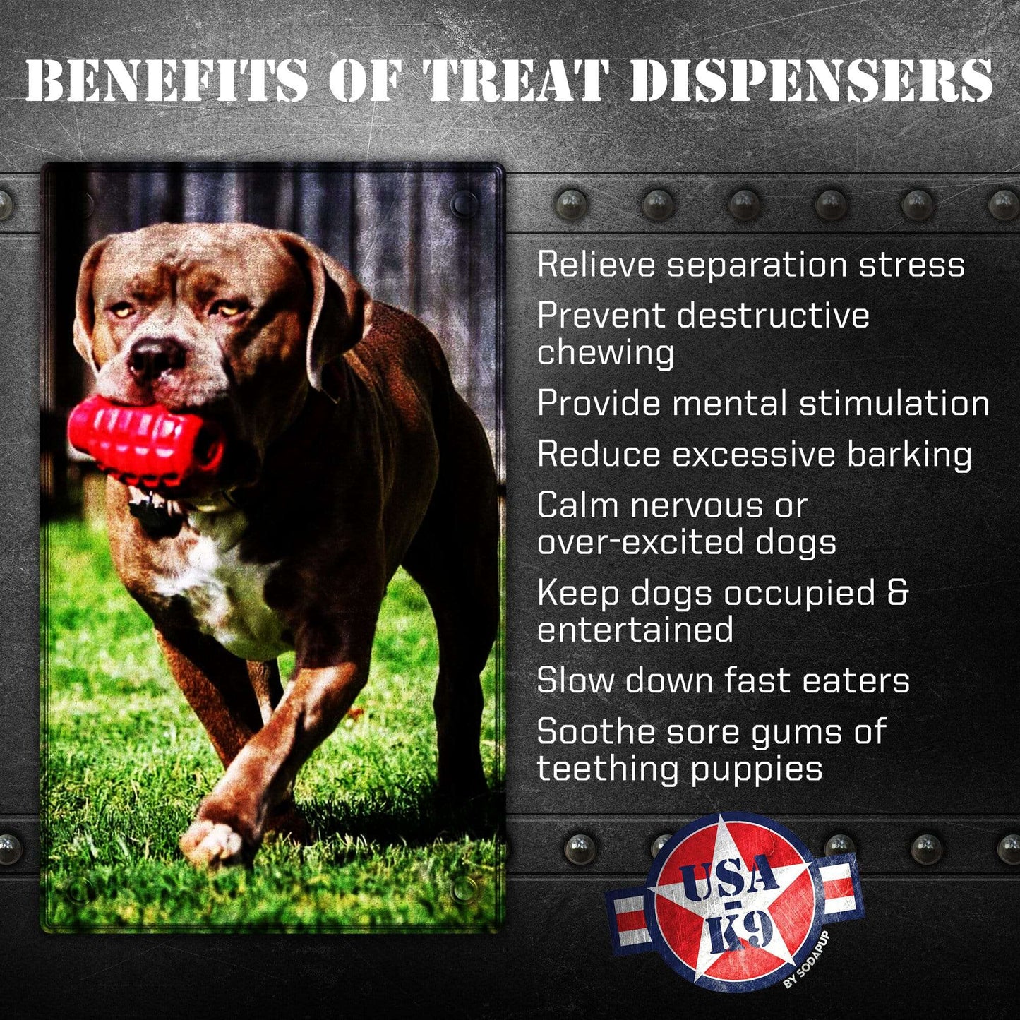Dog chewing red and blue grenade shaped eDispenser toy for treat dispensing and durable play