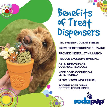 Large Flower Pot dog treat dispenser by SodaPup made from durable natural rubber with a sunflower design for heavy chewers and mental stimulation