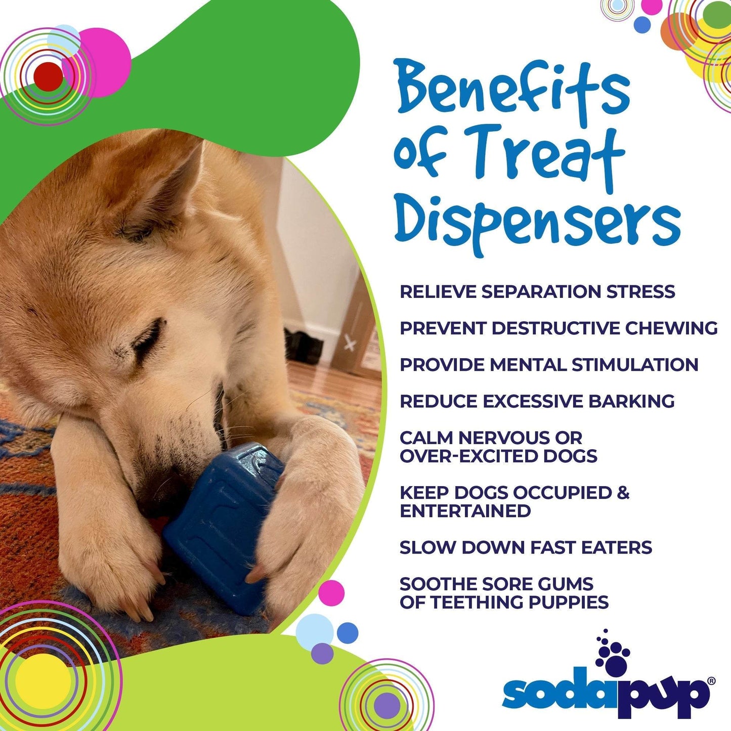 Dog chewing on a blue Love Cube eDispenser durable rubber treat toy for mental stimulation and slow feeding