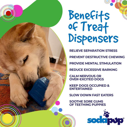 Dog chewing on a blue Love Cube eDispenser durable rubber treat toy for mental stimulation and slow feeding