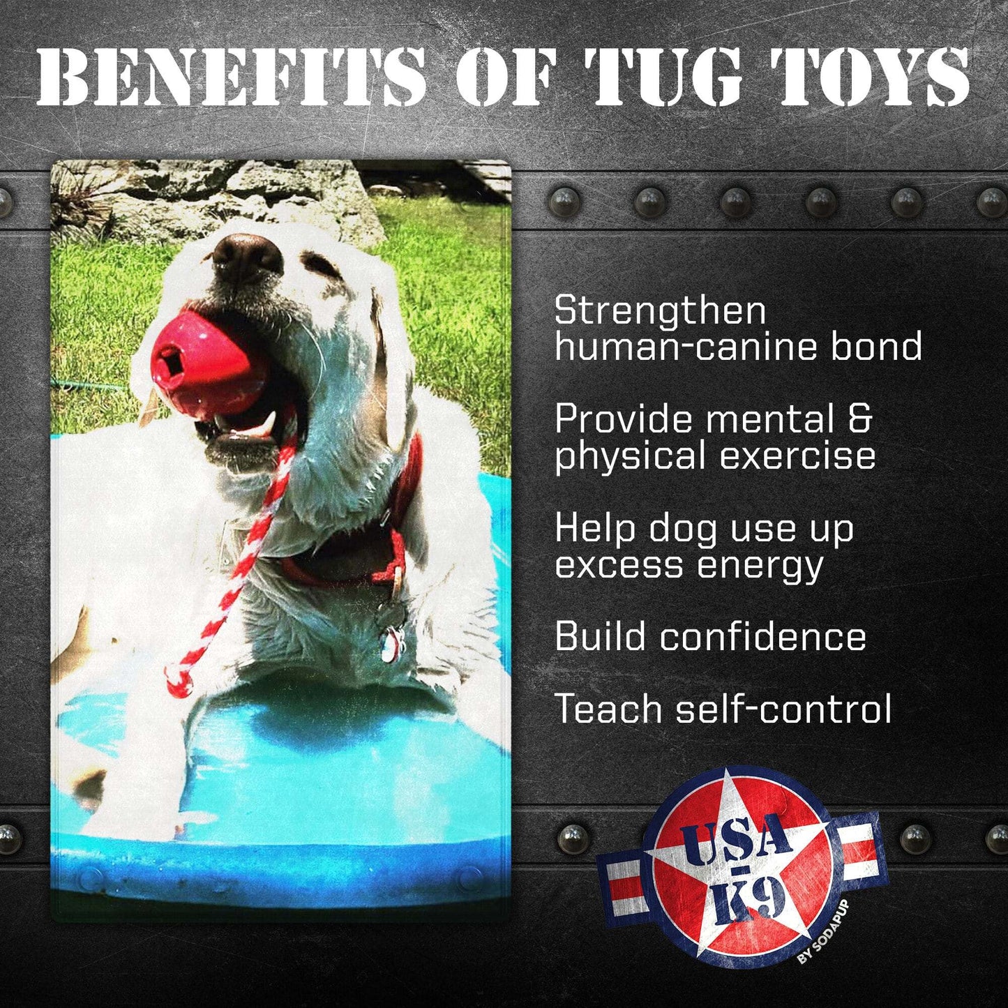 USA-K9 Cherry Bomb durable red rubber chew toy for dogs, multipurpose treat dispenser and tug toy