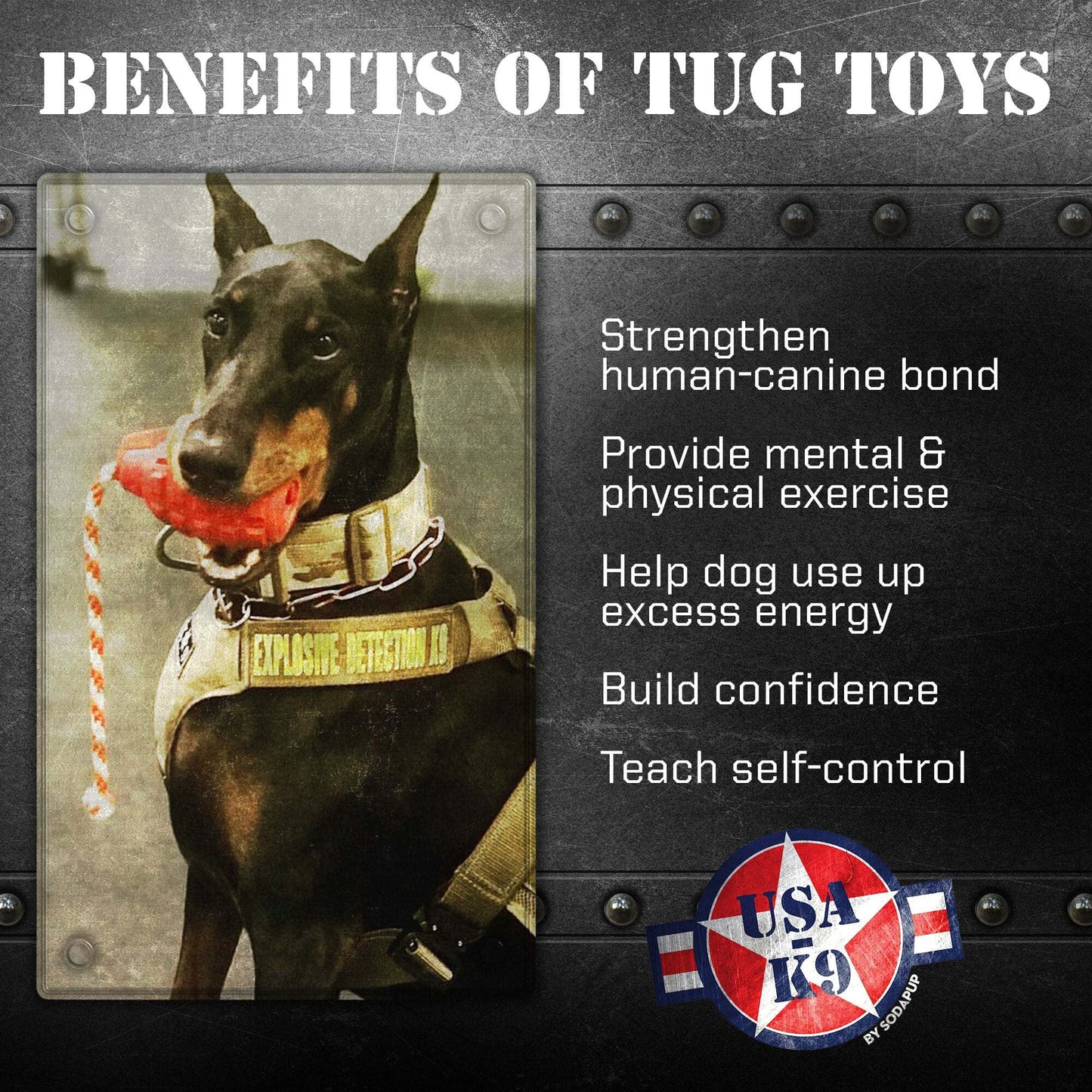USA-K9 Grenade Durable Rubber Chew Toy, Treat Dispenser & Tug Function