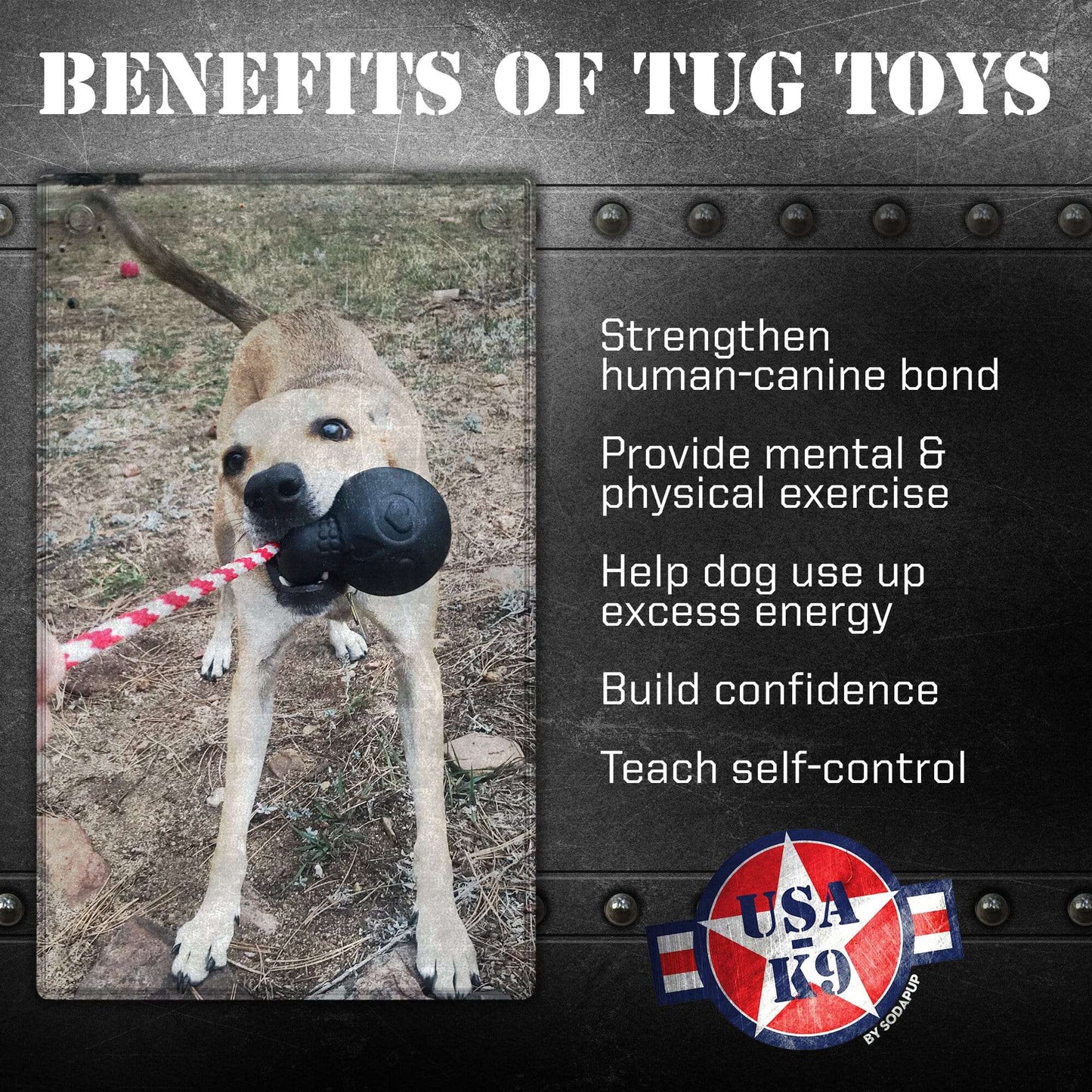 Black USA-K9 Magnum Skull durable rubber chew toy with attached rope for dogs, treat dispenser and tug toy