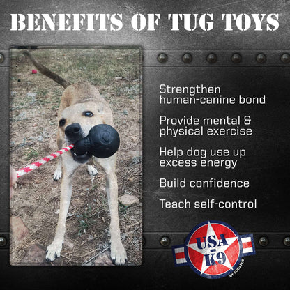 Black USA-K9 Magnum Skull durable rubber chew toy with attached rope for dogs, treat dispenser and tug toy