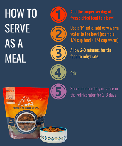 Premium Raw Freeze Dried Dog Food Beef with rehydration instructions and bowl of prepared food