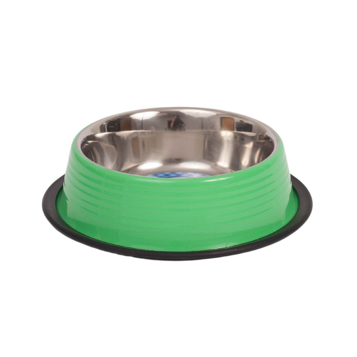 Set of 2 Irish Green ribbed non-slip pet bowls with stainless steel interior and removable rubber base rings