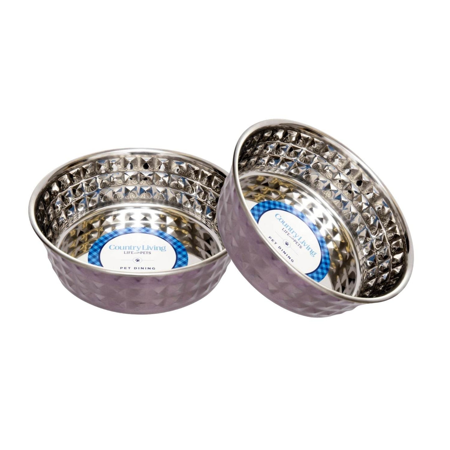 Country Living set of 2 hammered stainless steel dog bowls in lavender with non-skid nubs and easy-grip lip