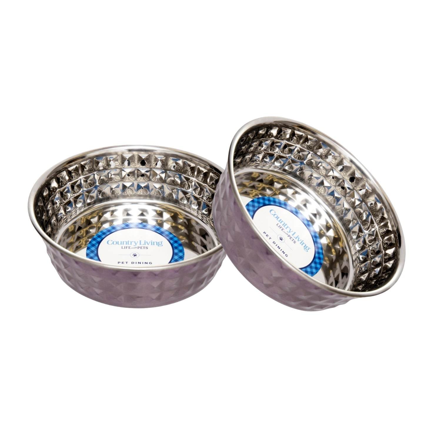 Country Living set of 2 hammered stainless steel dog bowls in lavender with non-skid nubs and easy-grip lip