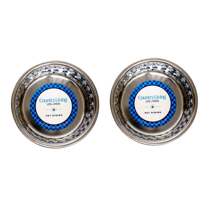 Country Living set of 2 hammered stainless steel dog bowls with lavender finish and non-skid nubs