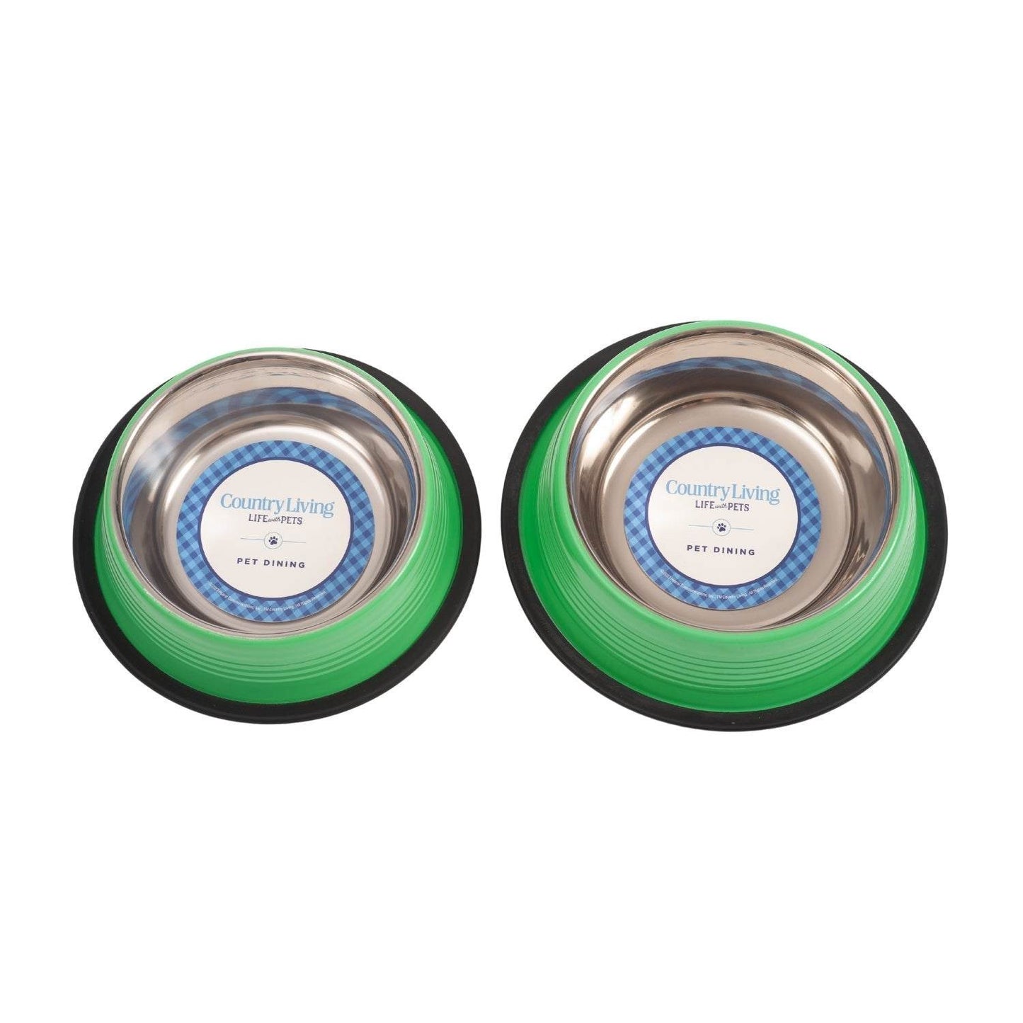 Set of 2 ribbed non-slip stainless steel pet bowls in Irish green with removable rubber base rings
