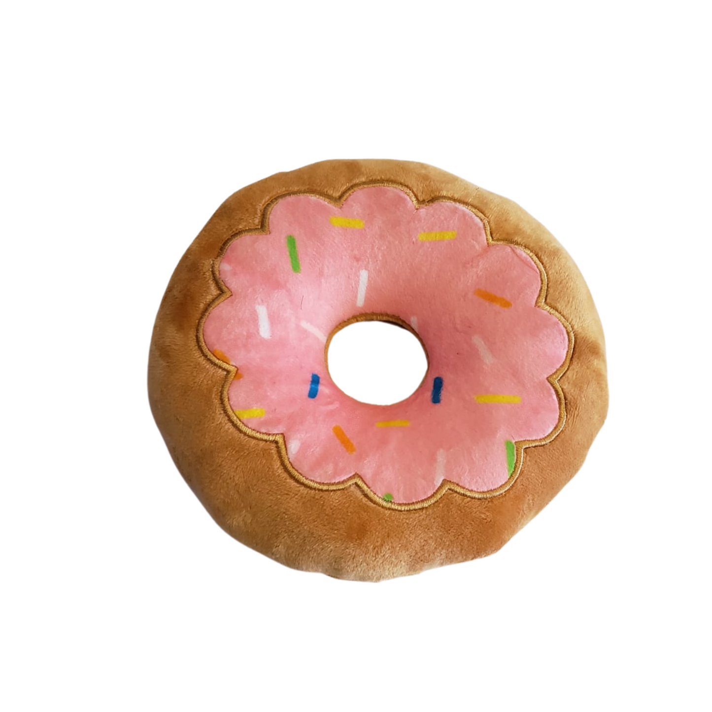 Soft strawberry donut plush dog toy with colorful sprinkles, safe and durable for fetch and chewing