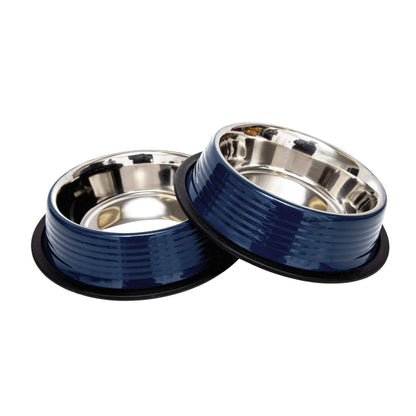 Country Living set of 2 ribbed non-slip stainless steel pet bowls in Poseidon Blue with removable rubber base