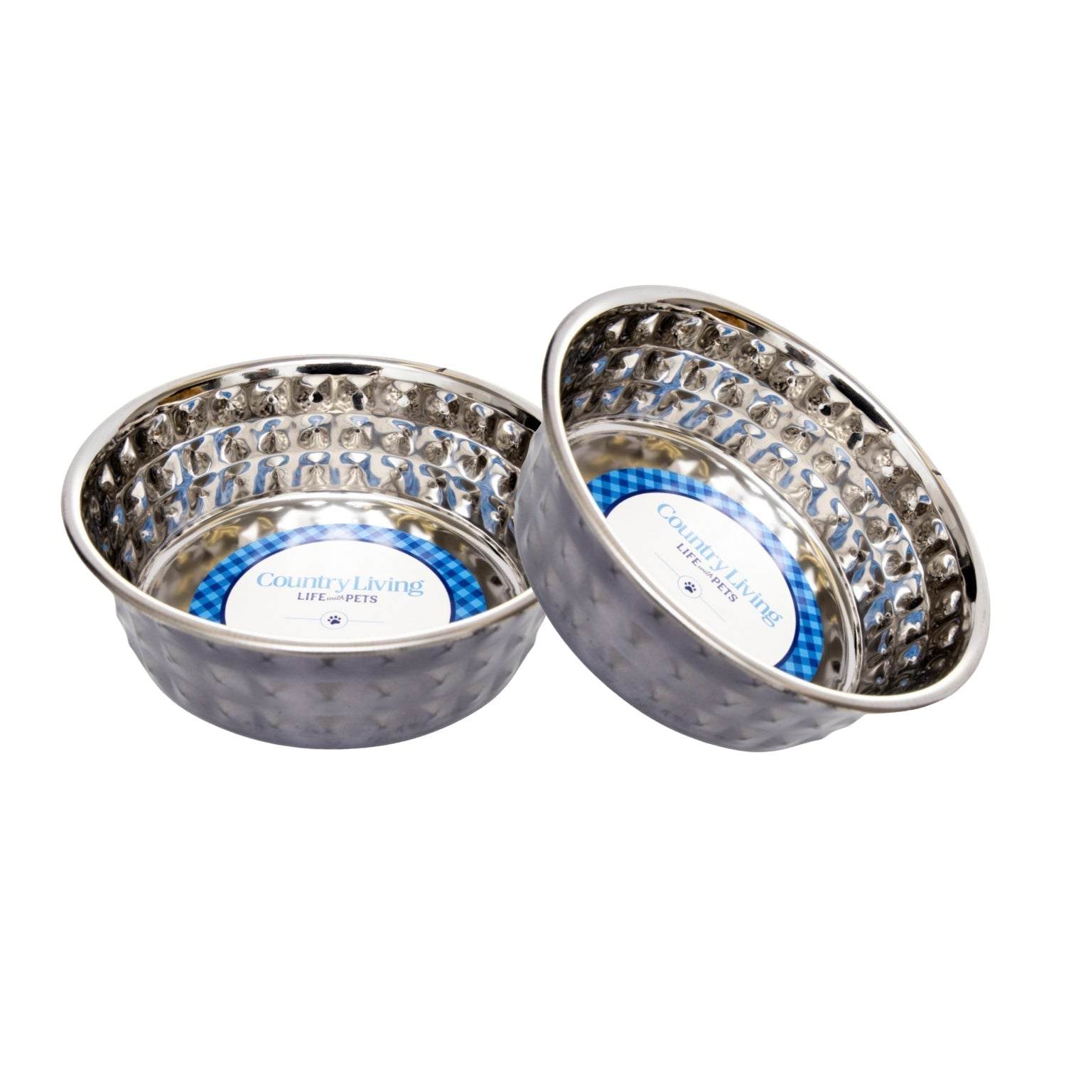 Country Living Set of 2 Hammered Stainless Steel Dog Bowls with diamond texture and black pearl finish
