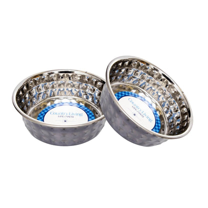 Country Living Set of 2 Hammered Stainless Steel Dog Bowls with diamond texture and black pearl finish