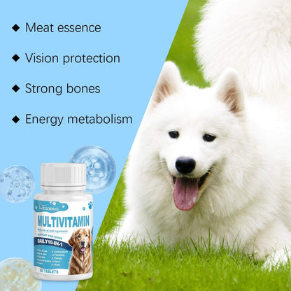 Multivitamin tablets for dogs and pets in clear packaging promoting health and vitality