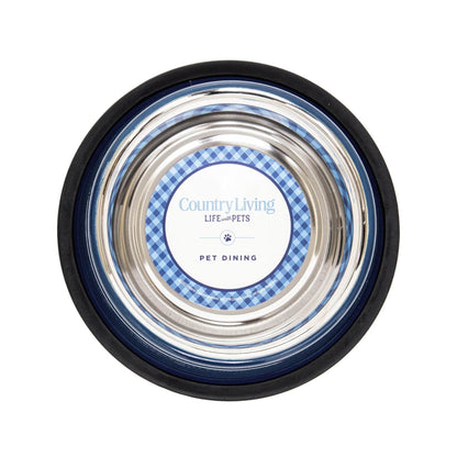 Country Living set of 2 ribbed non-slip pet bowls in Poseidon Blue with stainless steel interior and rubberized base
