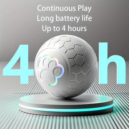 Interactive pet toy ball with 4-hour battery life, RGB LED lights, durable bite-resistant TPU material, and automatic rolling and bouncing features.