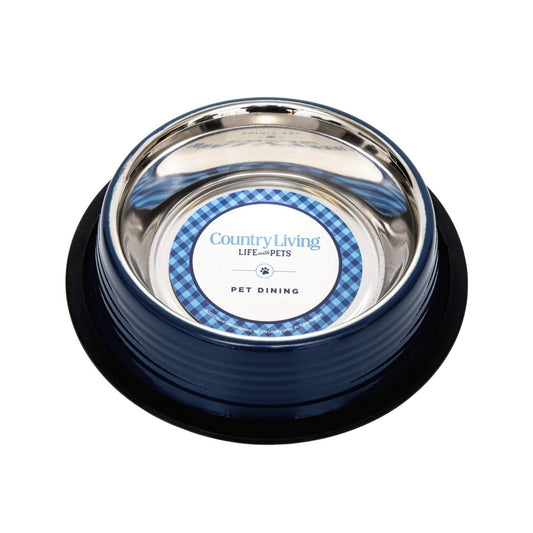 Country Living Set of 2 Ribbed Non-Slip Pet Bowls in Poseidon Blue with stainless steel interior and rubberized base