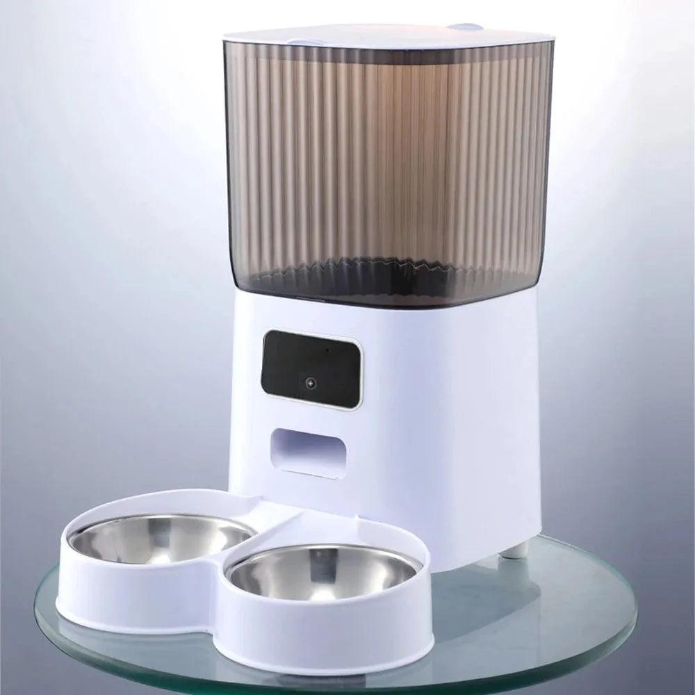 5L double bowls smart automatic cat feeder with camera and voice recorder on glass table